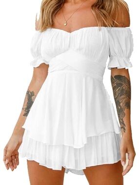 White Off-Shoulder Ruffle Tiered Mini Dress